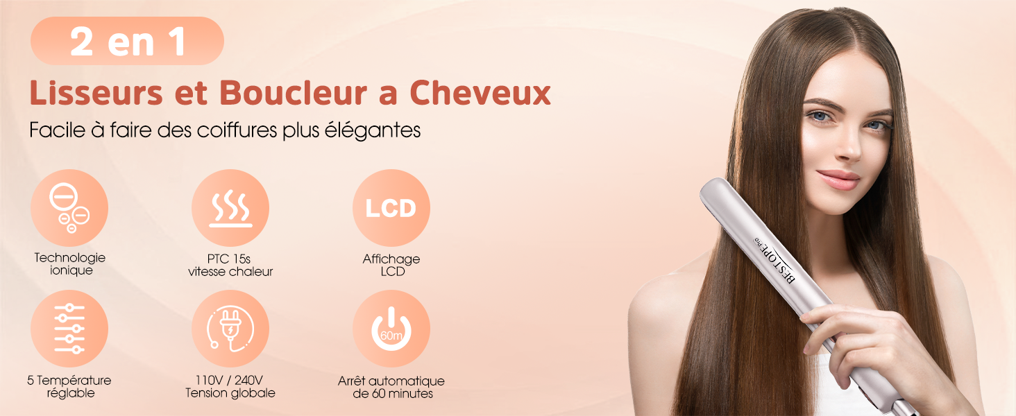 avec fonctions de lissage et de bouclage, affichant les caractéristiques du produit et les réglages de température sur fond pêche