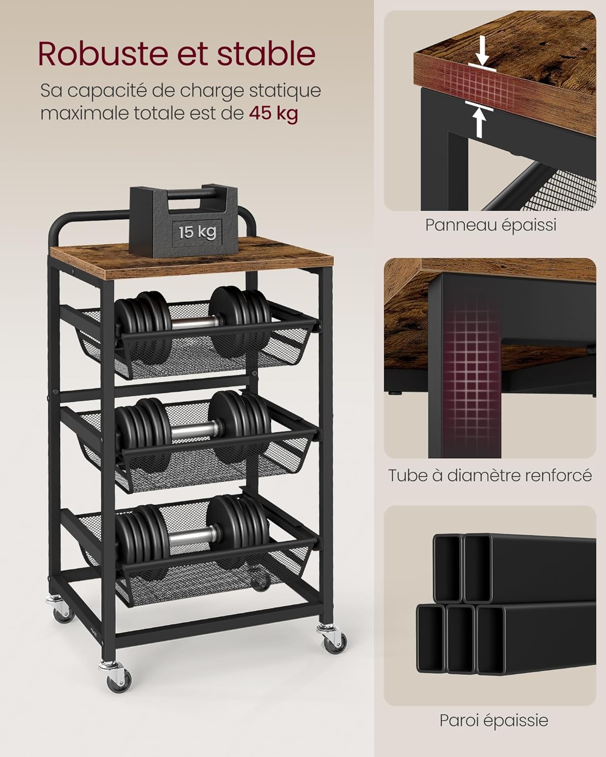 VASAGLE - Chariot de rangement 4 niveaux, paniers extractibles, 31,7x40x76cm, poignée, roulettes, LRC040K01