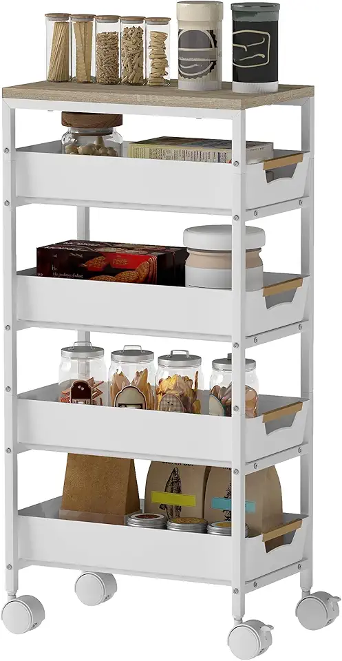 HOMCOM - desserte cuisine 5 niveaux - 4 tiroirs, roulettes, blanc