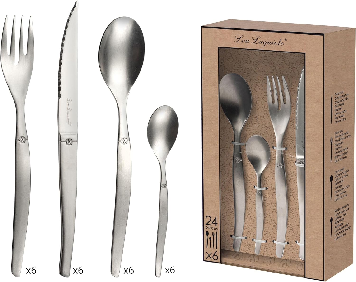 Lou Laguiole - Jet - ménagère 24 pièces, inox 18/0, brillant, gris vintage