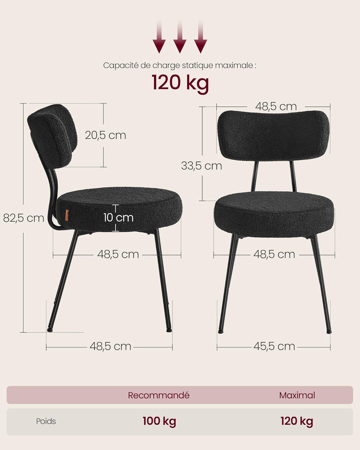 VASAGLE - Chaises salle à manger, lot de 4, tissu peluche, dossier courbé, cadre acier, rembourrées, noir, KDC110B14