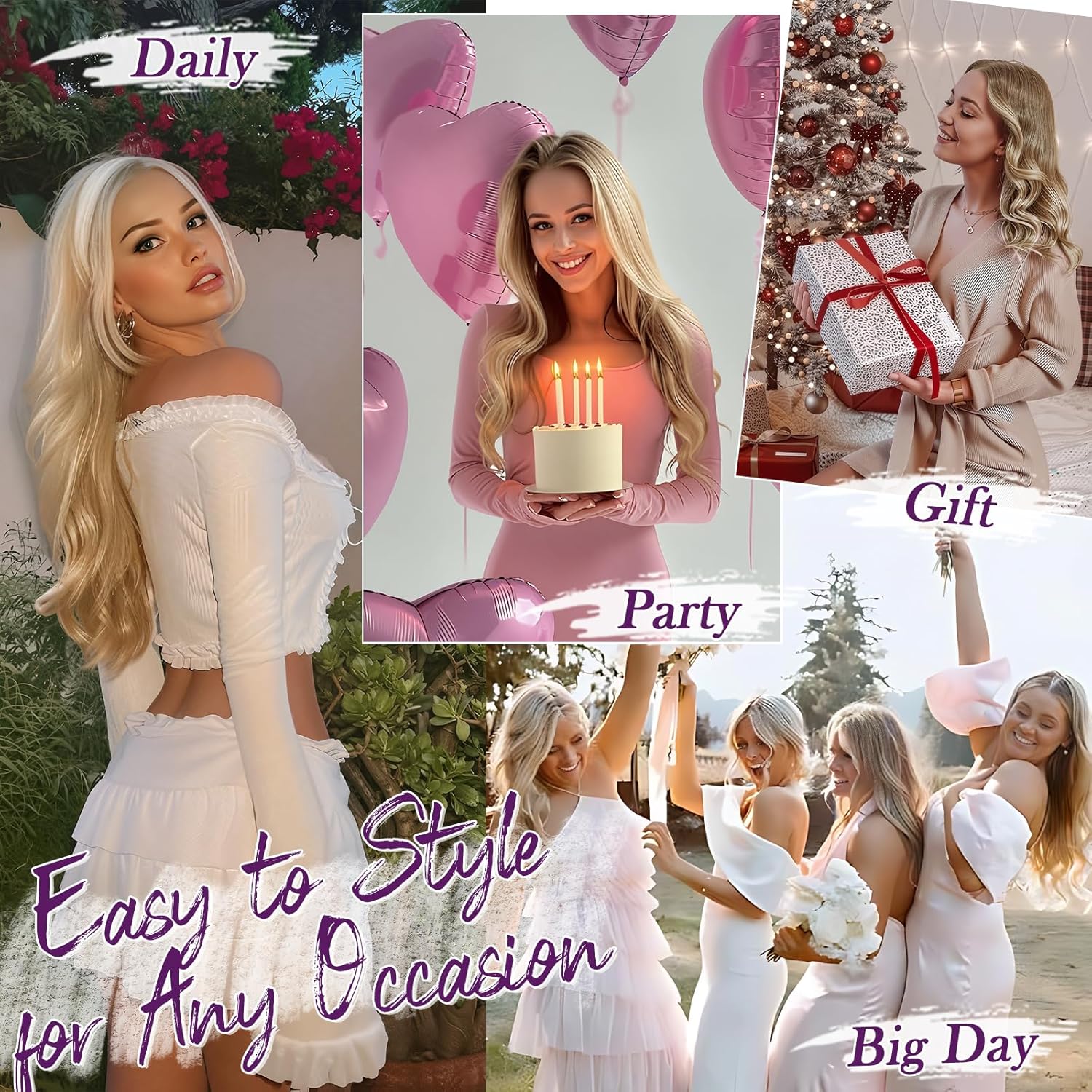 BARSDAR - Extensions à clips ondulées 50cm, blond cendré, lot de 5, synthétique