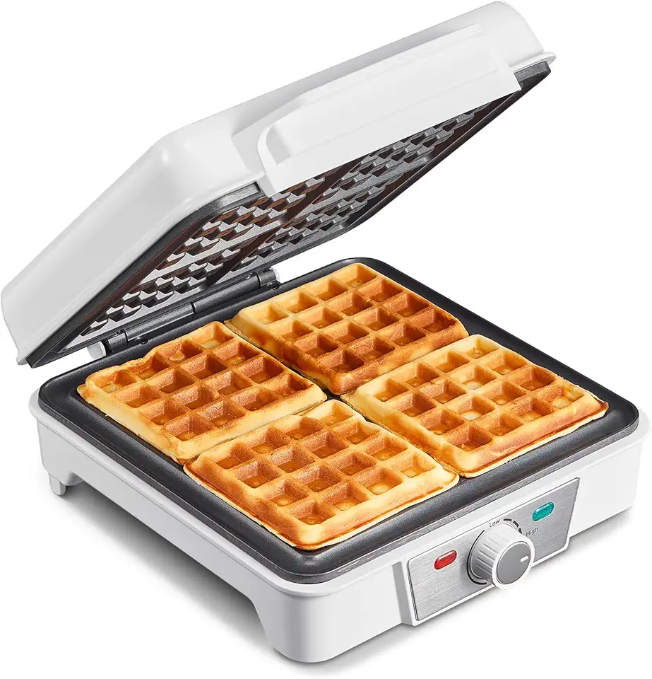 Gaufrier belge - 4 plaques, 1200W, 5 niveaux, antiadhésif, blanc