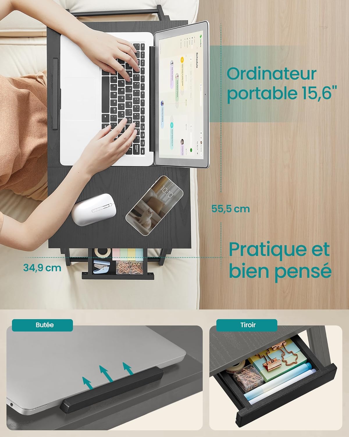 SONGMICS - Table lit/ordinateur, 39,6 cm, réglable, tiroir, bambou