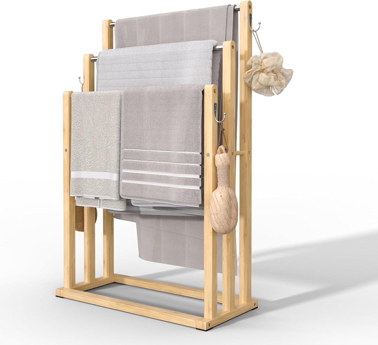 VOUNOT - porte-serviettes autoportant bambou 3 niveaux, crochets, stable