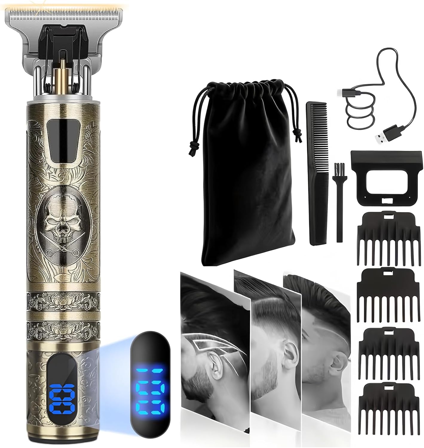 Tondeuse cheveux homme - squelette - 4 peignes, lame T, IPX7, USB