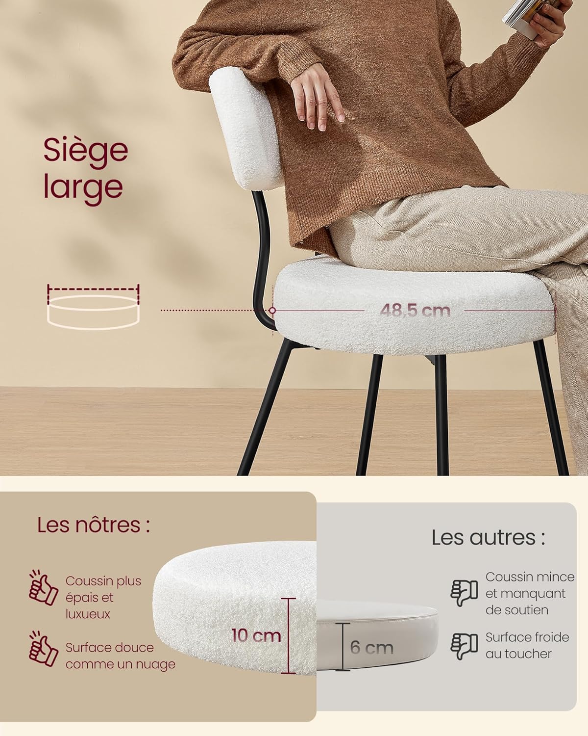 VASAGLE - chaises salle à manger lot de 6, tissu peluche, dossier courbé, cadre acier, blanc crème KDC110W16