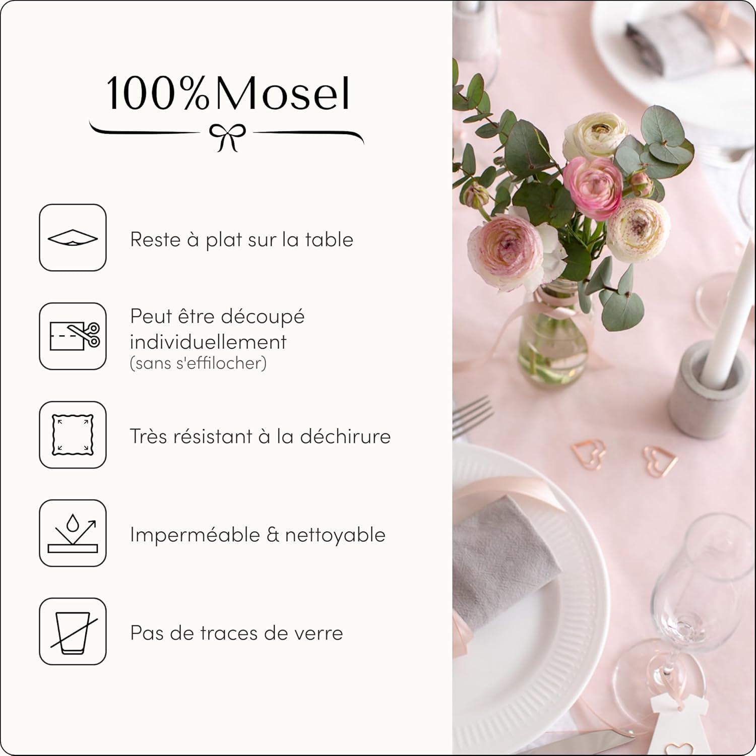 100%Mosel - Chemin de table non-tissé, blush rose - 30x2500cm - déco fêtes