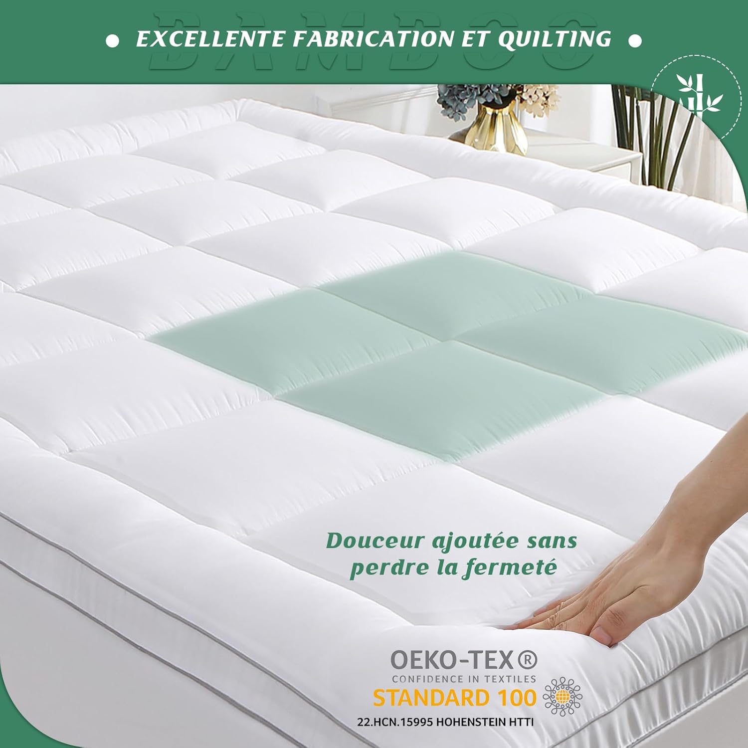 GRT - surmatelas série fibres bambou - 140x190 cm - 6 cm d'épaisseur, ultra-doux et respirant