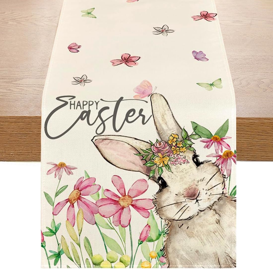 Chemin de Table - motif lapin printemps - 33x180 cm - lavable, déco cuisine salon