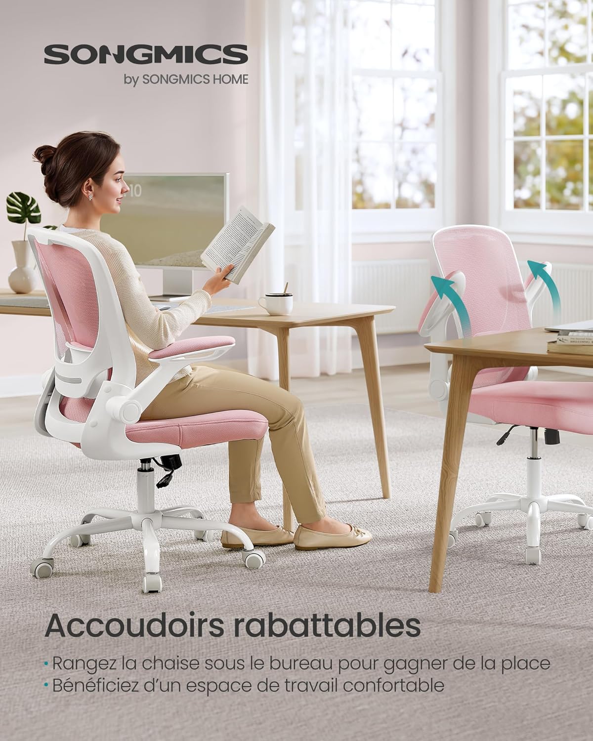 SONGMICS - chaise de bureau - 53 cm - ergonomique, maille, accoudoirs rabattables, support lombaire, OBN037R01