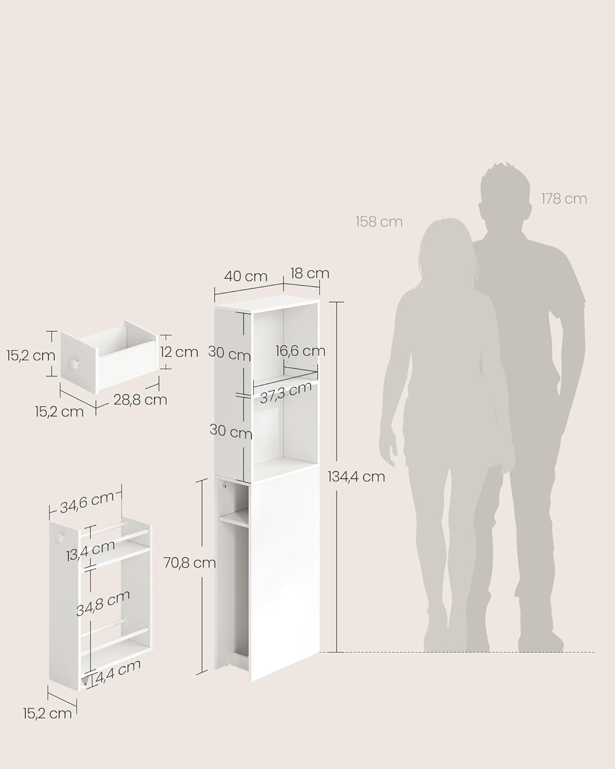 VASAGLE - colonne salle de bain moderne, tiroirs, étagère réglable, 170x30x30 cm, BBK567T14