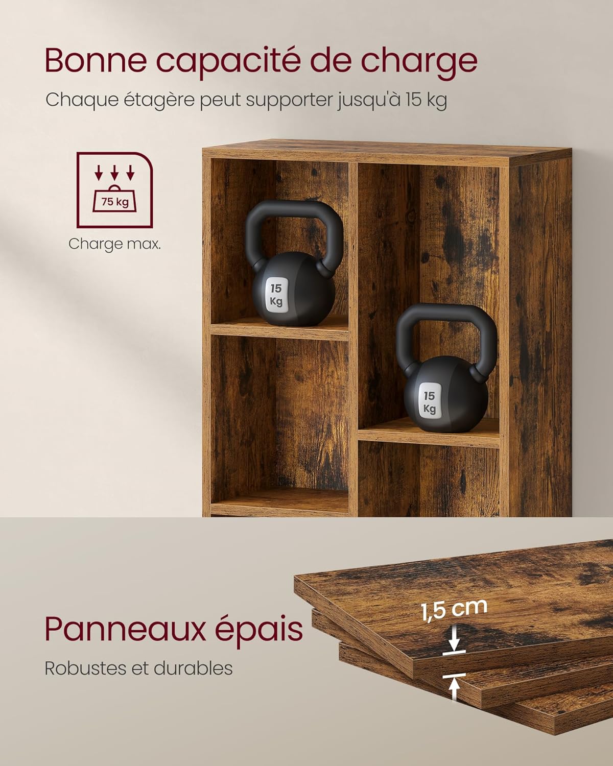 VASAGLE - Étagère cubique 5 cases, bois, rangement salon/bureau, LBC025X01