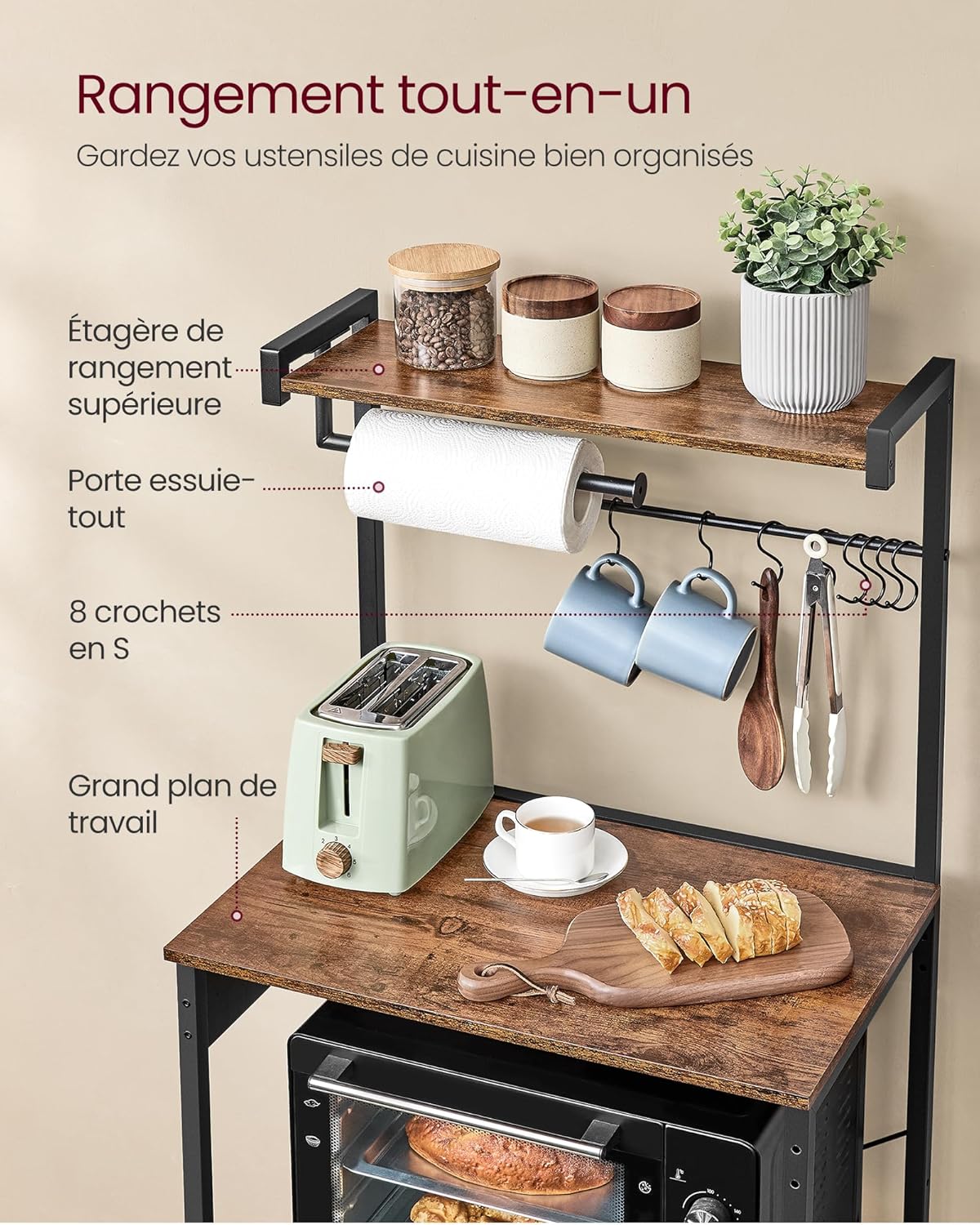 VASAGLE - étagère cuisine 4 niveaux, multiprise, 40x60x140 cm, KKS014K02