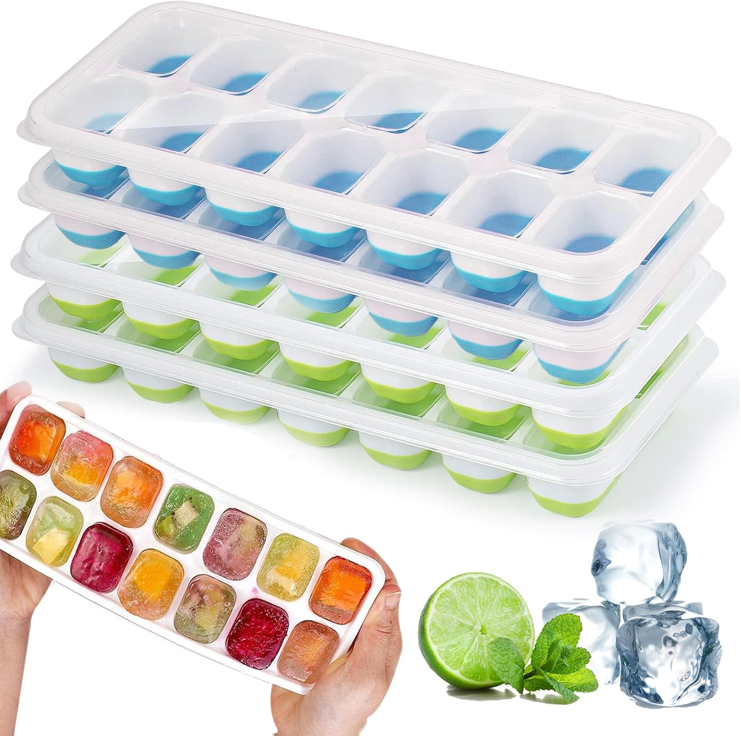 Bacs à glaçons silicone - 4 pièces - avec couvercle, LFGB sans BPA, facile à démouler, 2 verts + 2 bleus