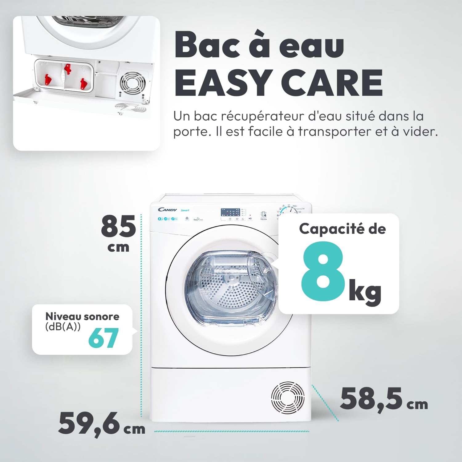 Candy - sèche-linge série CSE, 8kg, pompe à chaleur, NFC, 85x59,6x58,5cm, CSE H8A1LE-S