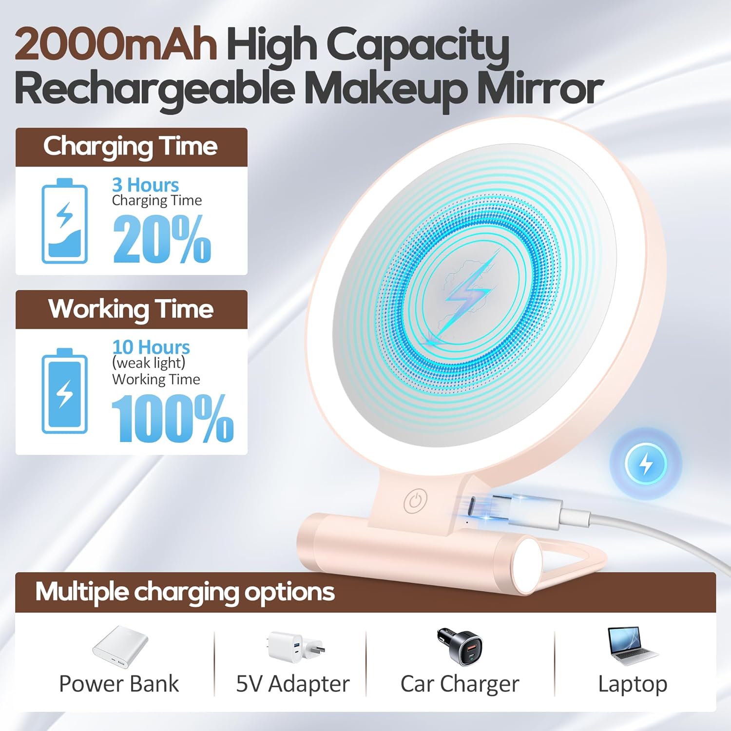 Miroir de maquillage pliable, grossissant 1X/30X, lumineux, 2000mAh