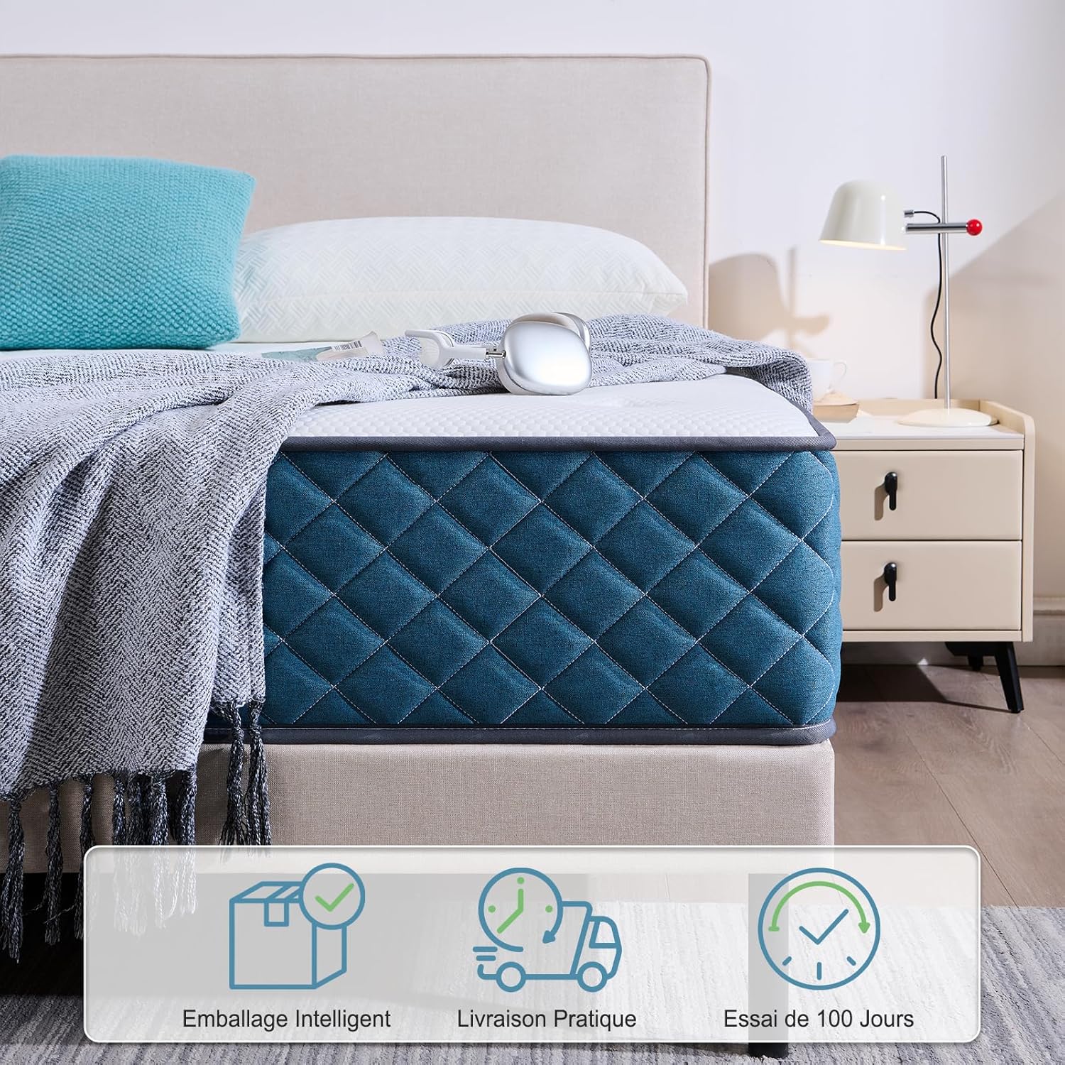 Matelas - à ressorts ensachés et mémoire de forme - 180x200x22 cm - soutien parfait, dureté moyenne, respirant