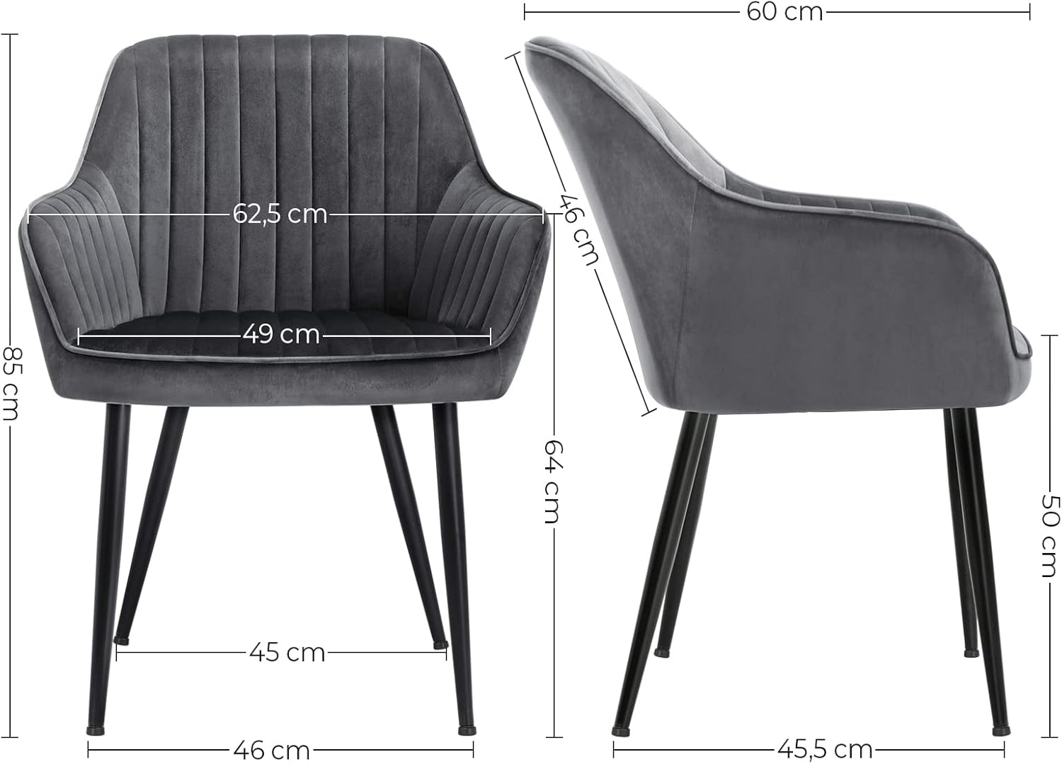 SONGMICS - Chaise salle à manger - lot de 4, velours, accoudoirs, métal, 120 kg - LDC087G01-4