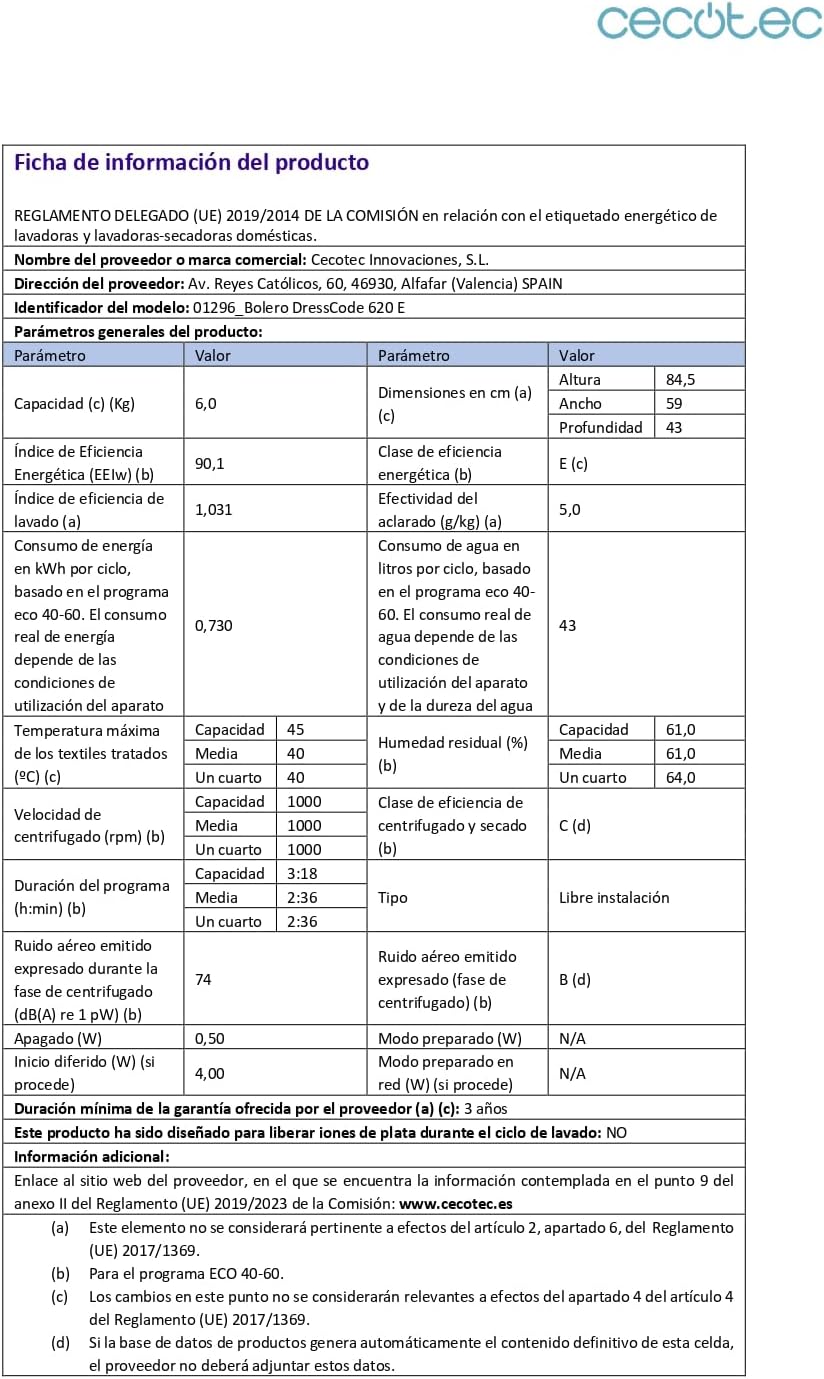 Cecotec - DressCode 620 E - 6 kg, 1000 RPM, 15 programmes, faible conso