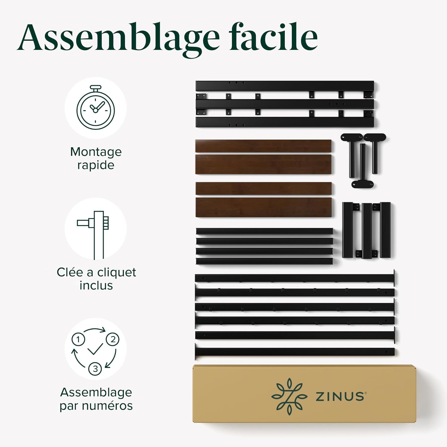 Zinus - Kai - 140x190 cm - sommier métal et bambou, tête de lit, rangement