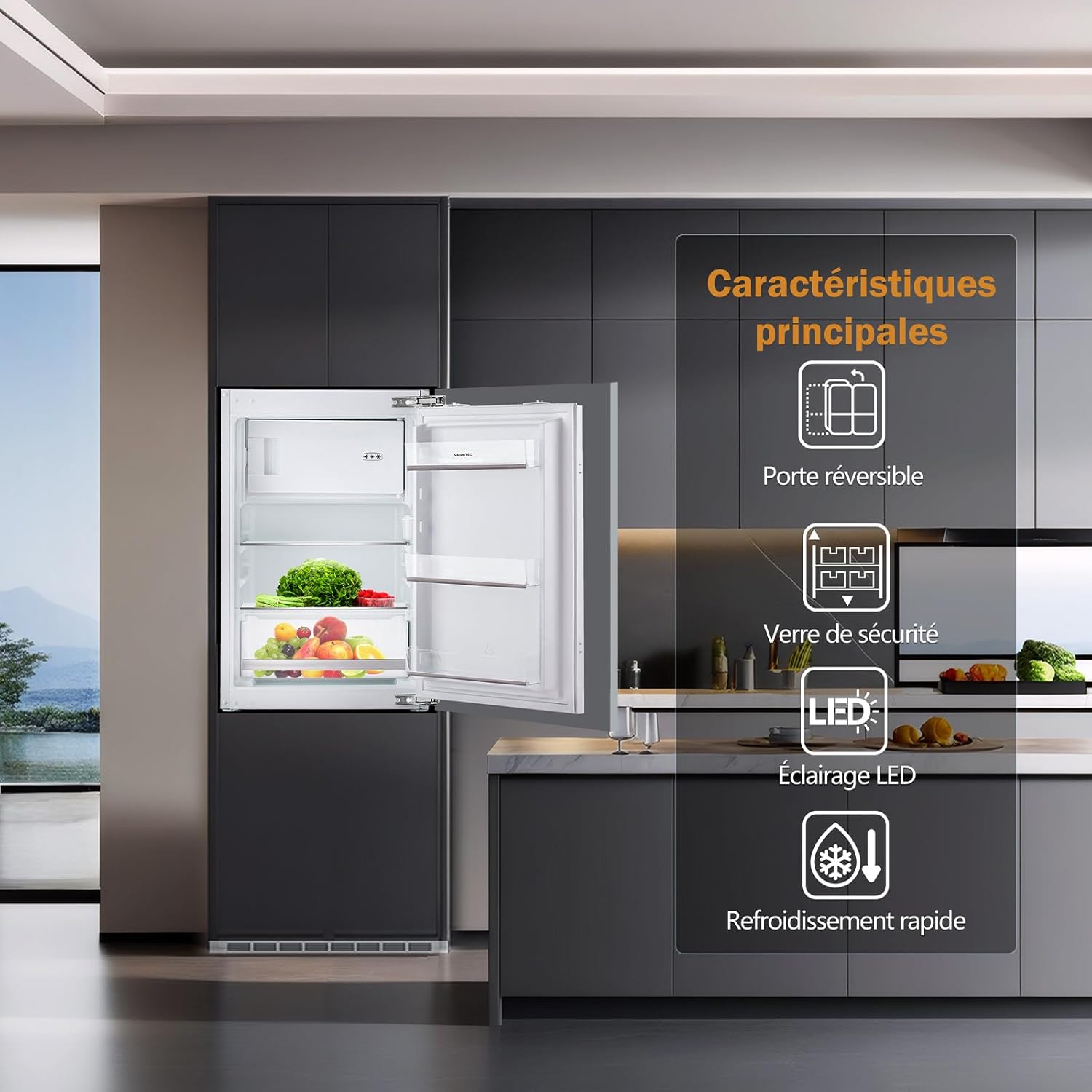 magictec - Réfrigérateur encastrable 118L, niche 88cm, poignée modulable
