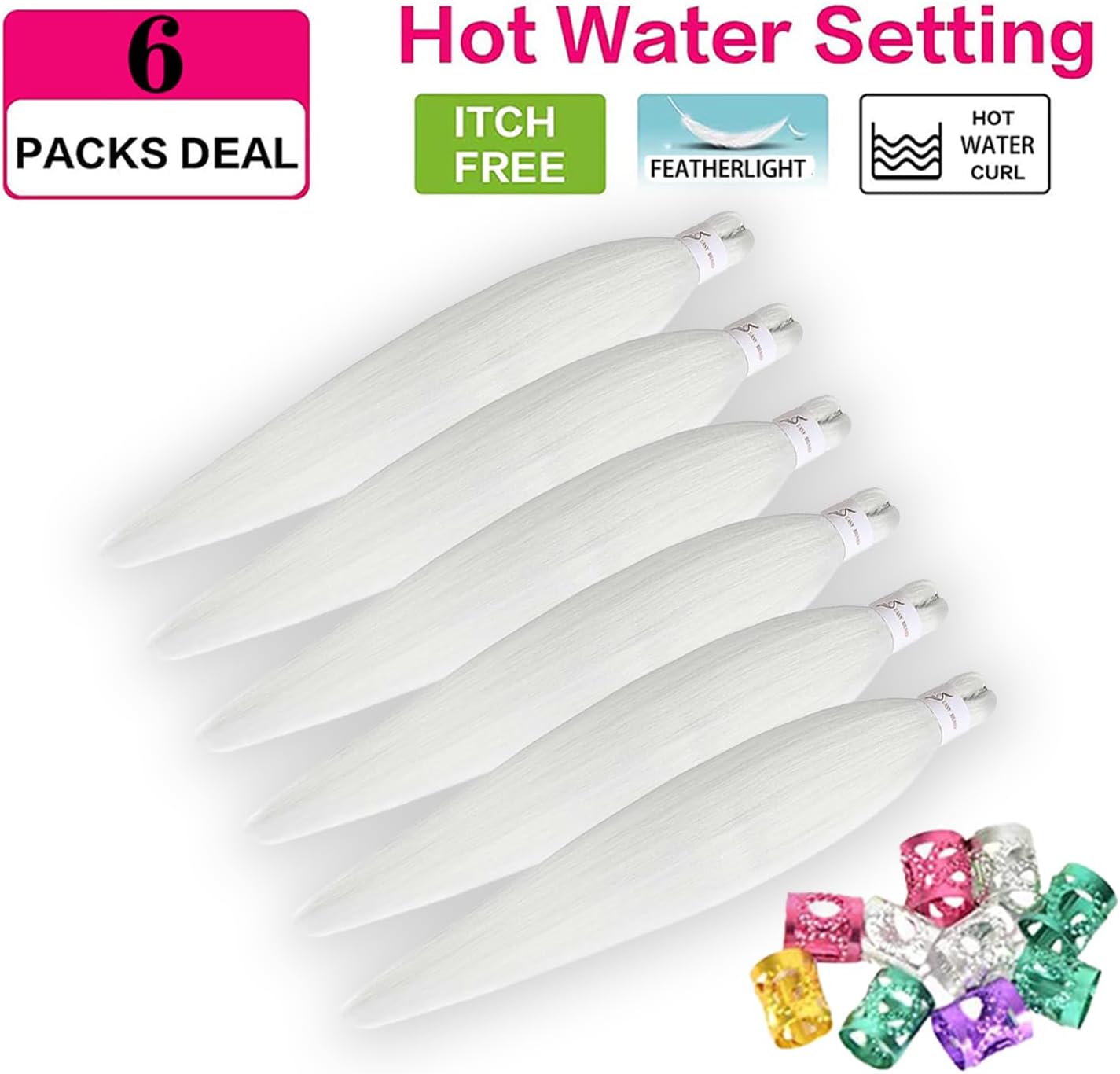 Rajout cheveux tressés pré-étirés - 30 pouces - kanekalon synthétique blanc, 6 paquets, pour tresses africaines