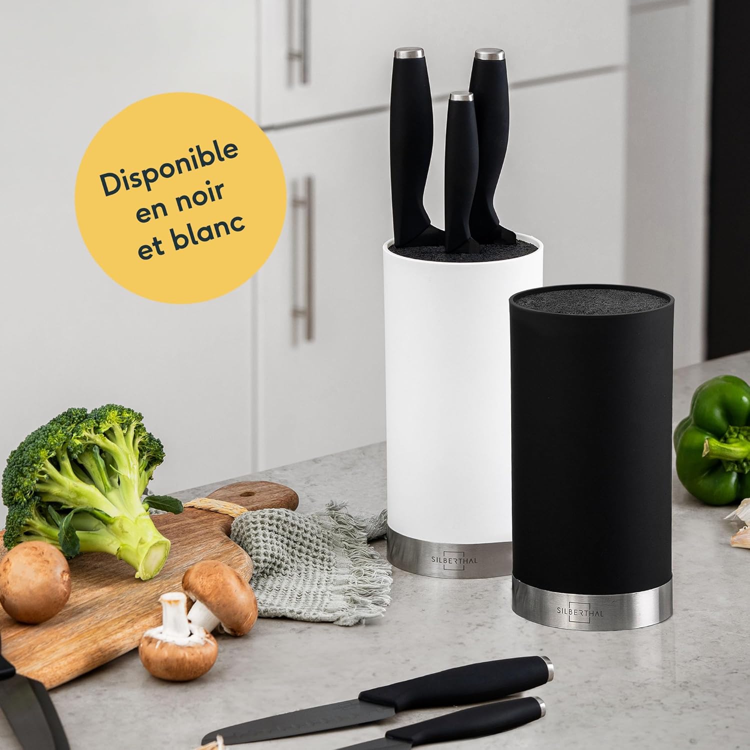 SILBERTHAL - Bloc couteaux universel inox noir, 7-10 pièces, inserts protecteurs