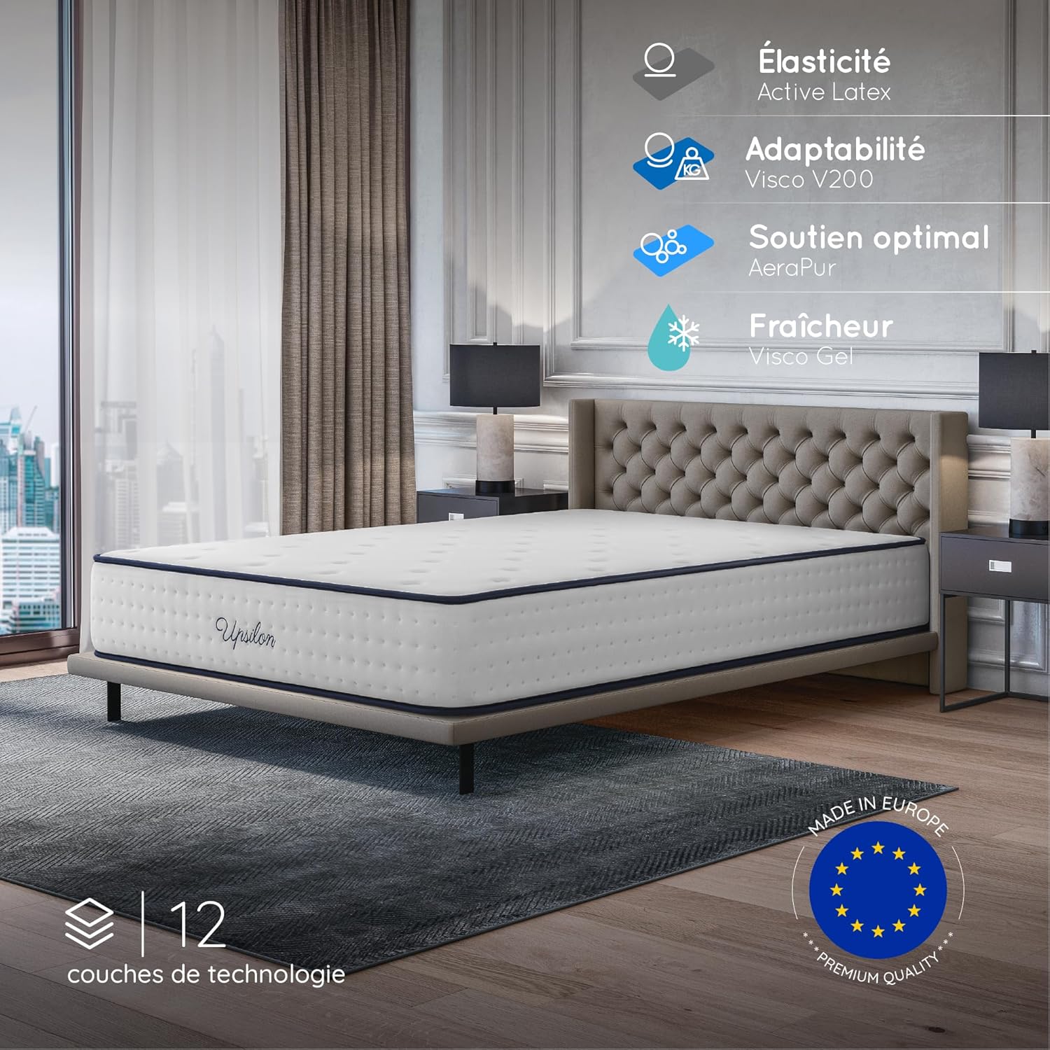 COSMOS - Upsilon - 140x190 cm - mémoire de forme, latex, confort ferme, 7 zones