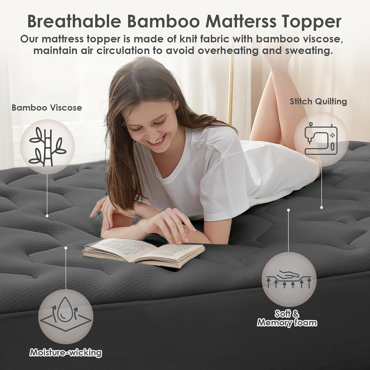 EHEYCIGA - Surmatelas Gris Foncé - 140x200 - mémoire de forme, fibre rafraîchissante, poches profondes