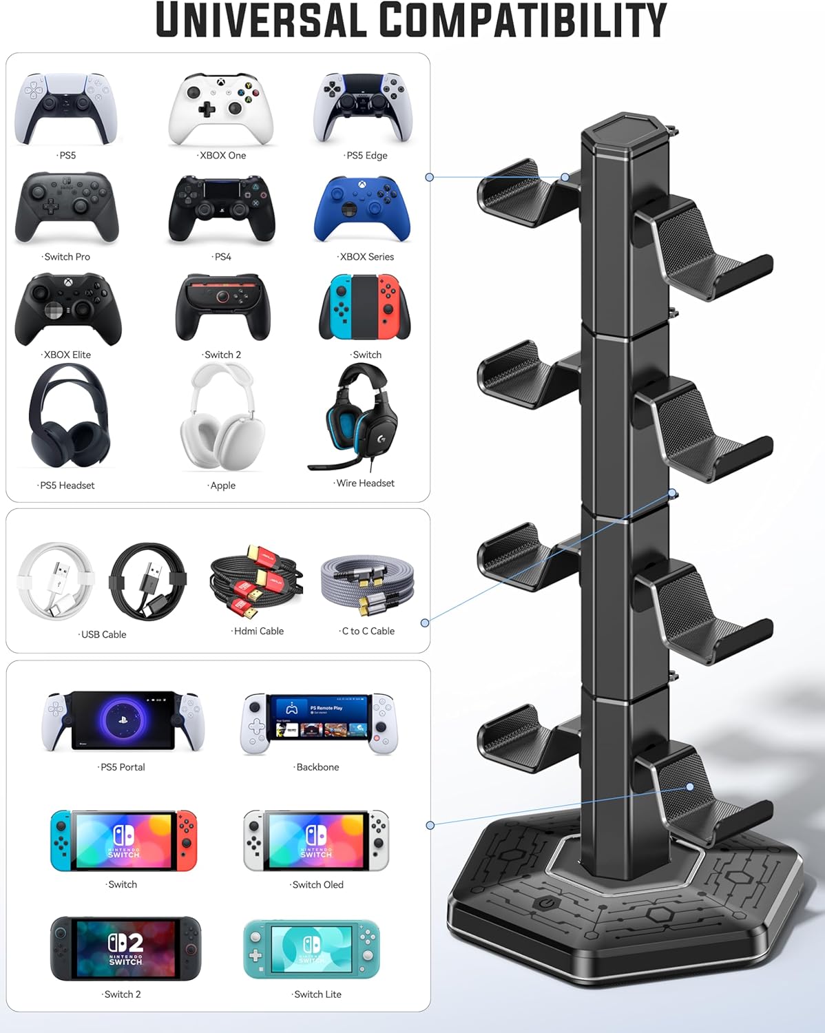 Support manettes et casque gaming, ports USB, crochet, rangement accessoires
