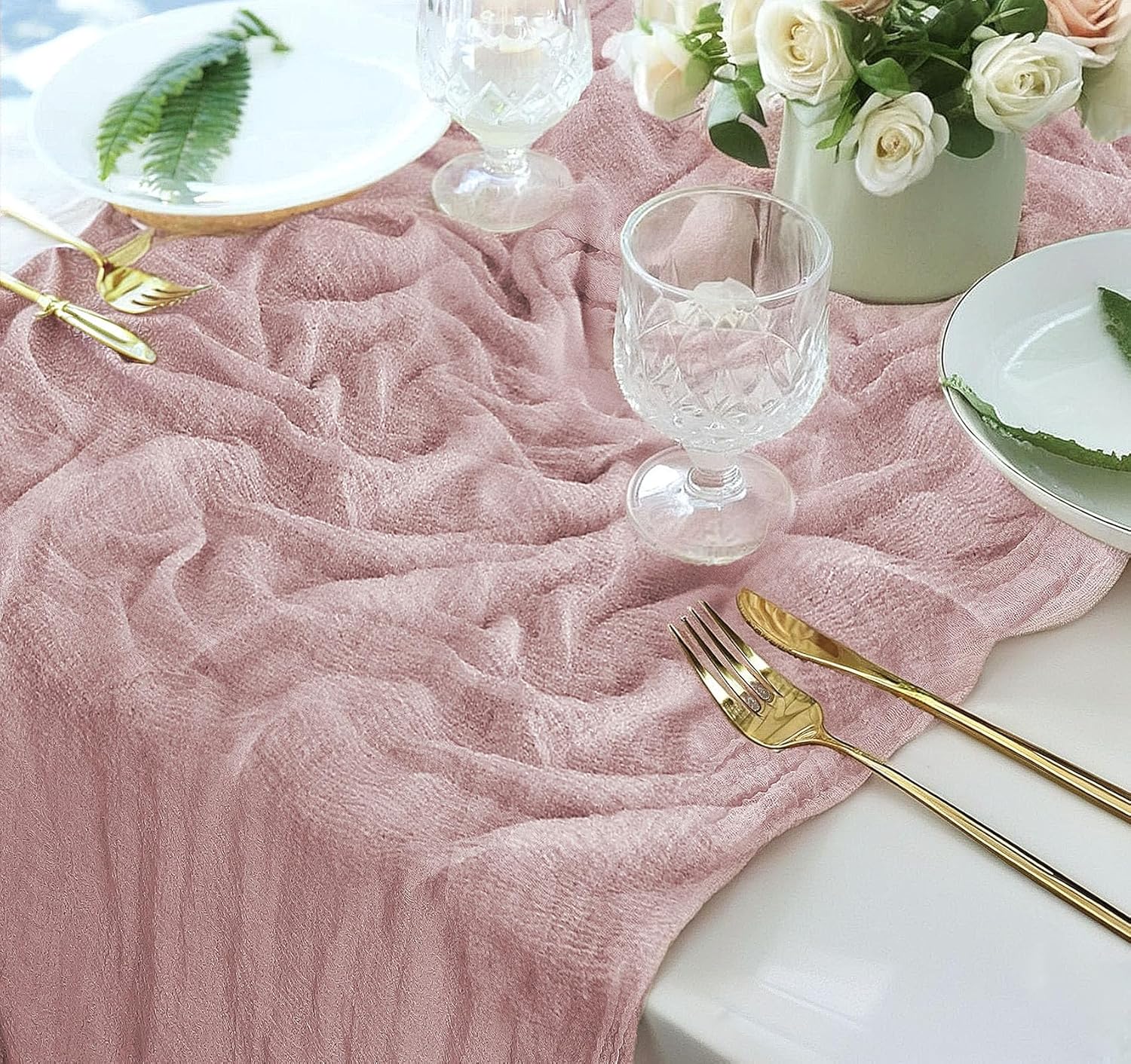 Chemin de table - étamine, 80x300cm, rose pâle, style bohème, synthétique