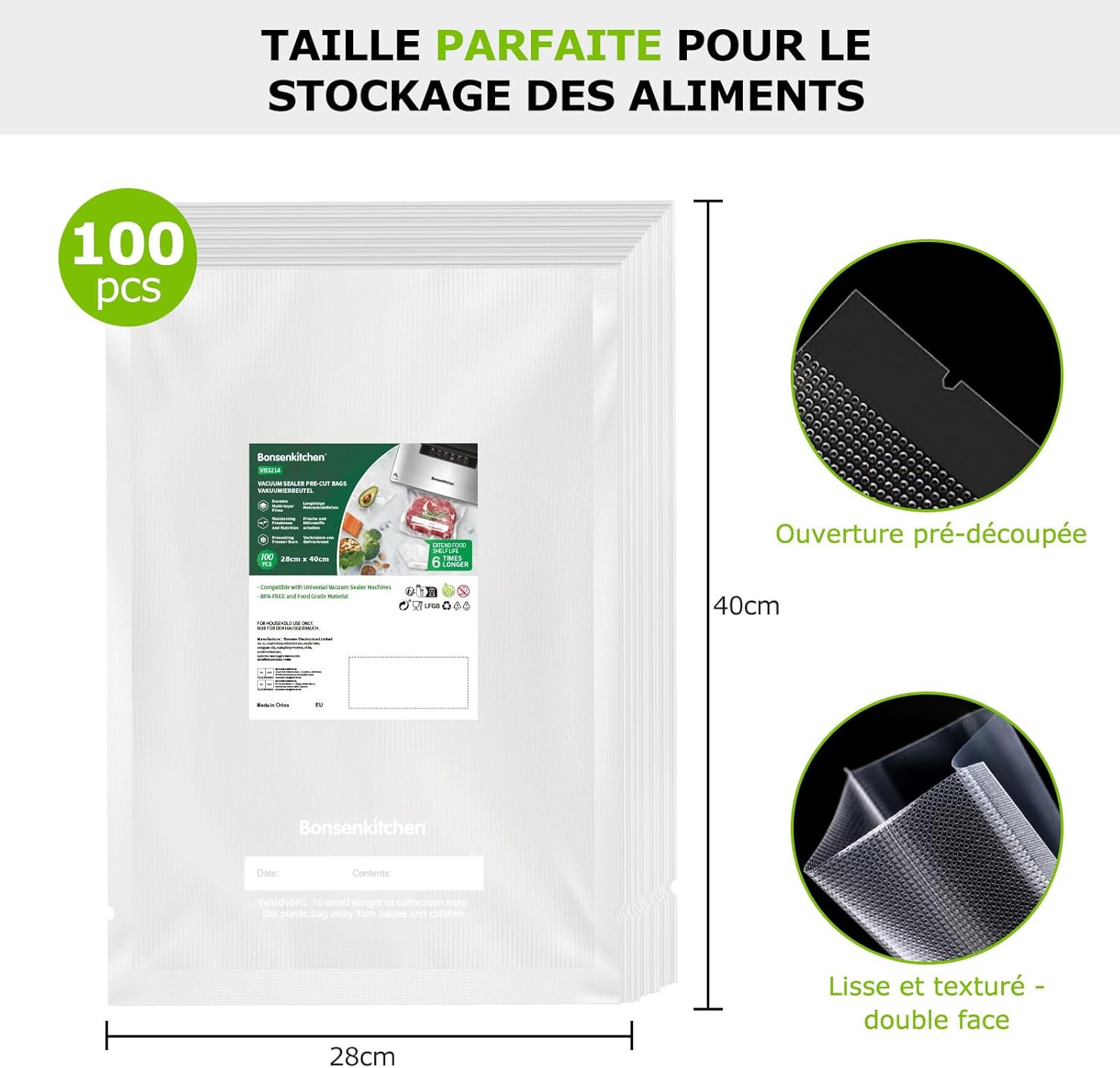 Bonsenkitchen - sacs sous vide série VB - 28x40 cm, 100 pièces, sans BPA, VB3214