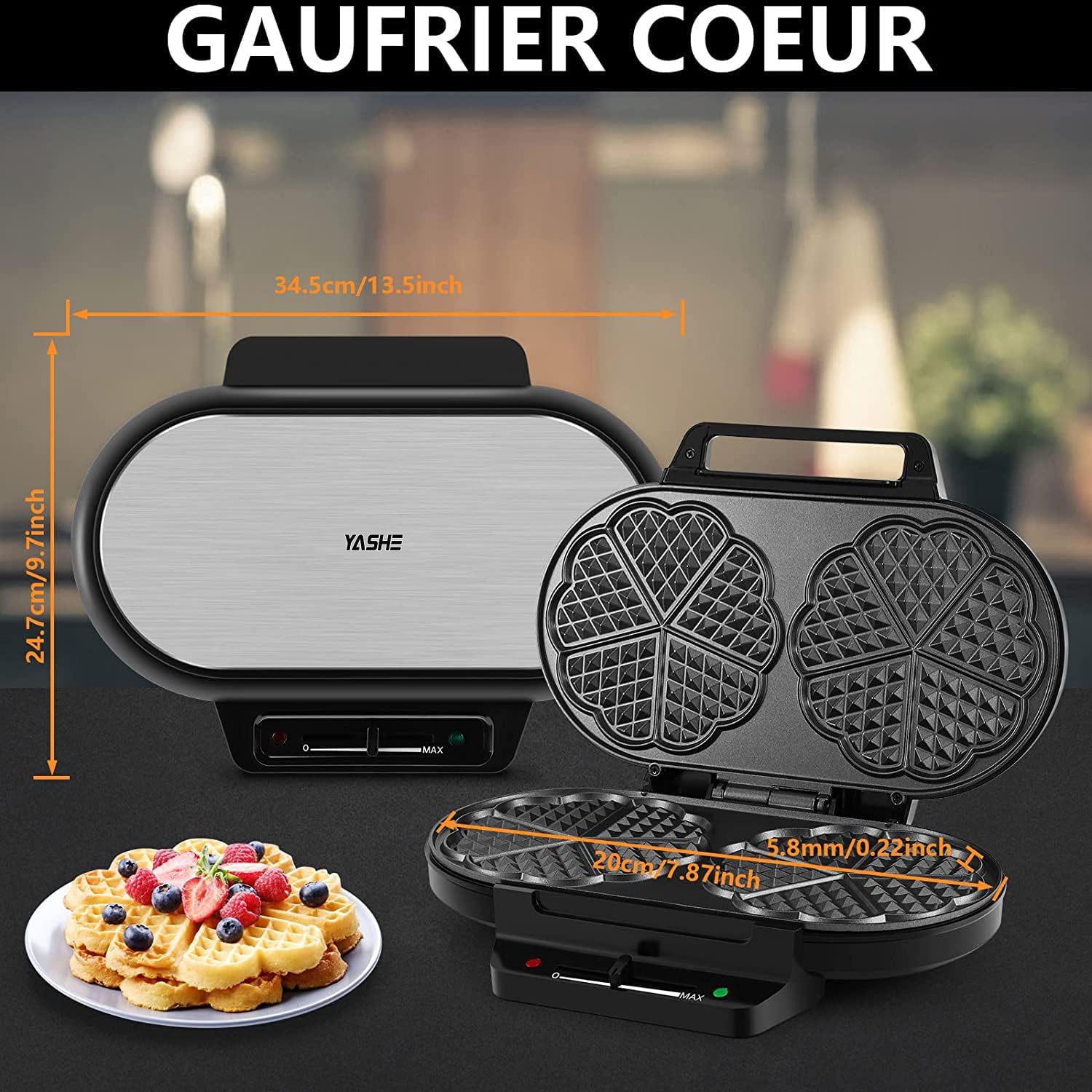 YASHE - Machine à gaufres cœur - 1200W, 5 températures, antiadhésif, argent/noir
