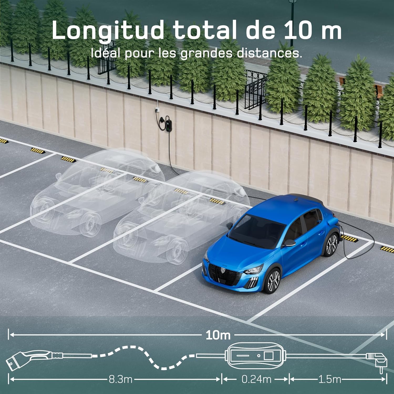 Chargeur voiture électrique - 10m - 3,68kW, LCD, Type 2, 6 à 16A