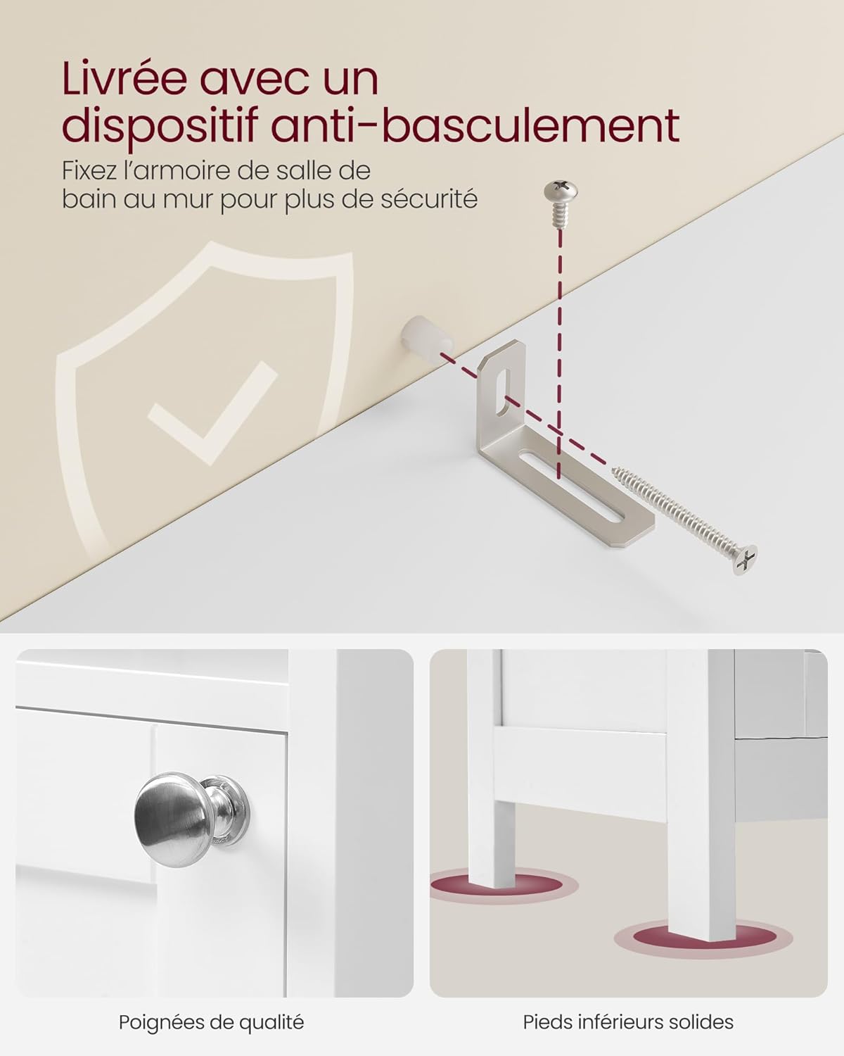 VASAGLE - armoire salle de bain haute, blanche, étagères réglables, éclairage, BBC566W03