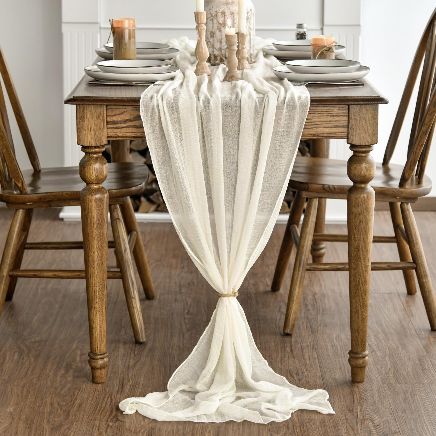 Artoid Mode - Chemin de table Bohême - 300 cm - Gaze mousseline, beige