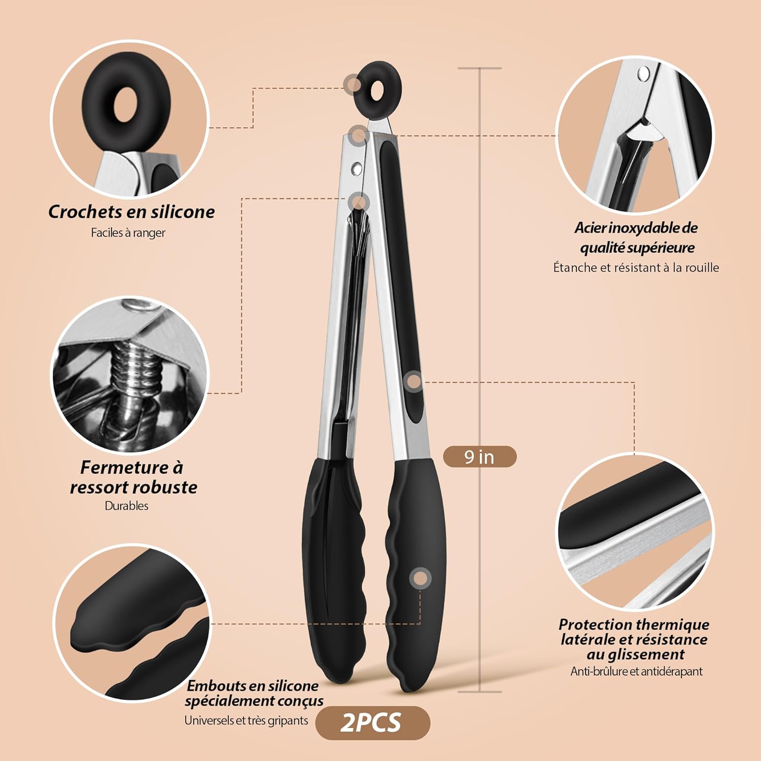 Pinces de cuisine inox/silicone, lot de 2, poignées antidérapantes, 26cm, résistant chaleur