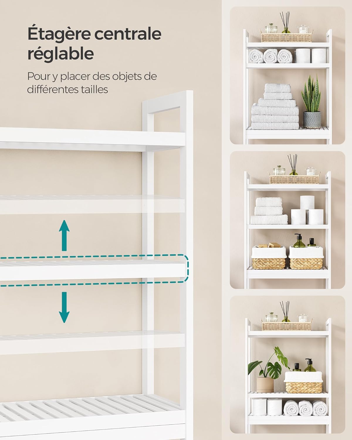 SONGMICS - étagère WC (BTS01WT) - 3 niveaux, réglable, gain de place