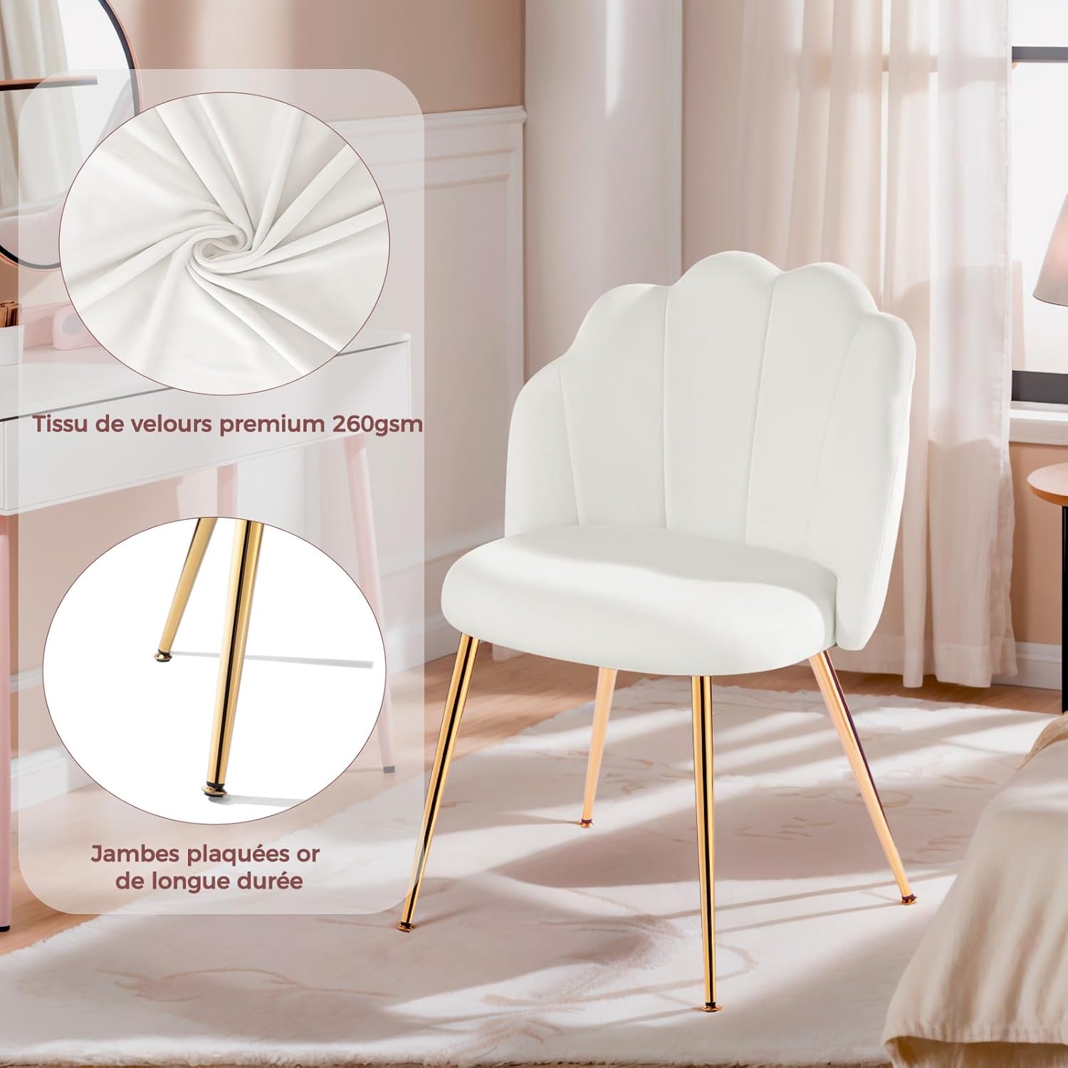 Chaise de coiffeuse - velours, pieds métal doré - design coquillage, adulte, chambre, beige/blanc