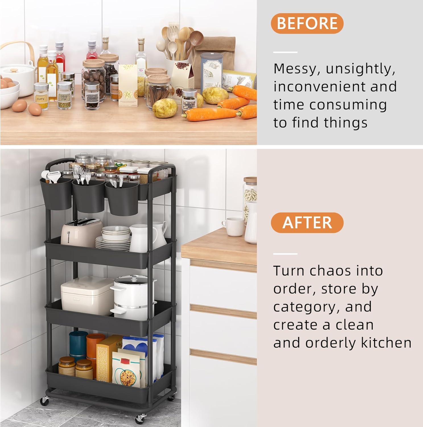 JIUYOTREE - Chariot de rangement 4 niveaux - Noir - roulettes verrouillables, poignées, gobelets suspendus