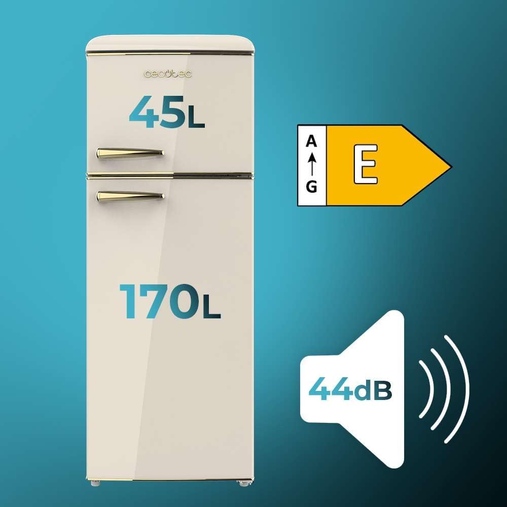 Cecotec - Bolero CoolMarket 2D Origin - 148x55 cm - rétro, LED, 215 L, poignée gold, contrôle température, E