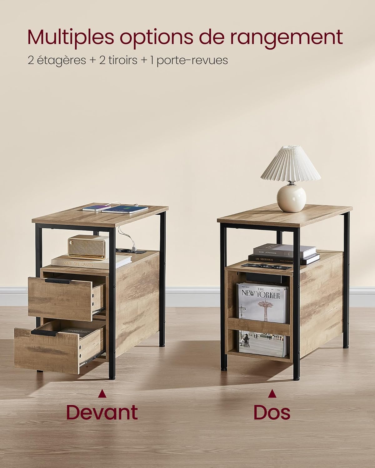 VASAGLE - table d’appoint 2 tiroirs 2 ports USB, fine, marron/noir - LET325K01
