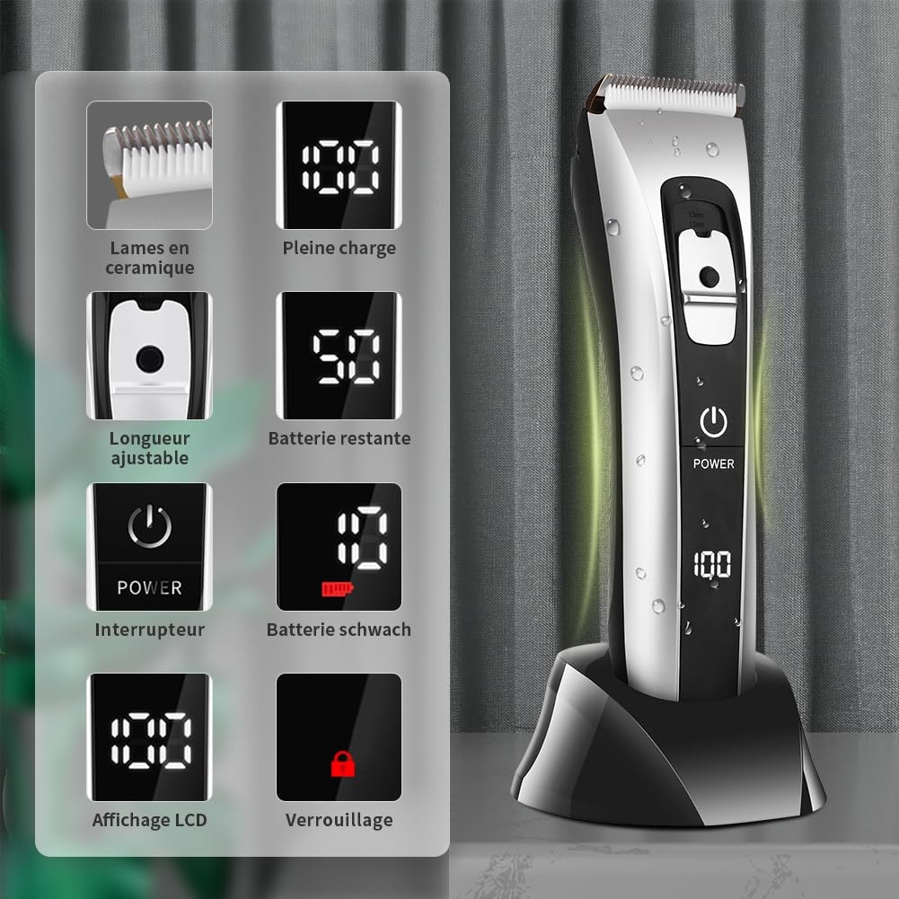 Tondeuse cheveux professionnelle sans fil, lame céramique/titane, 8 sabots, réglable