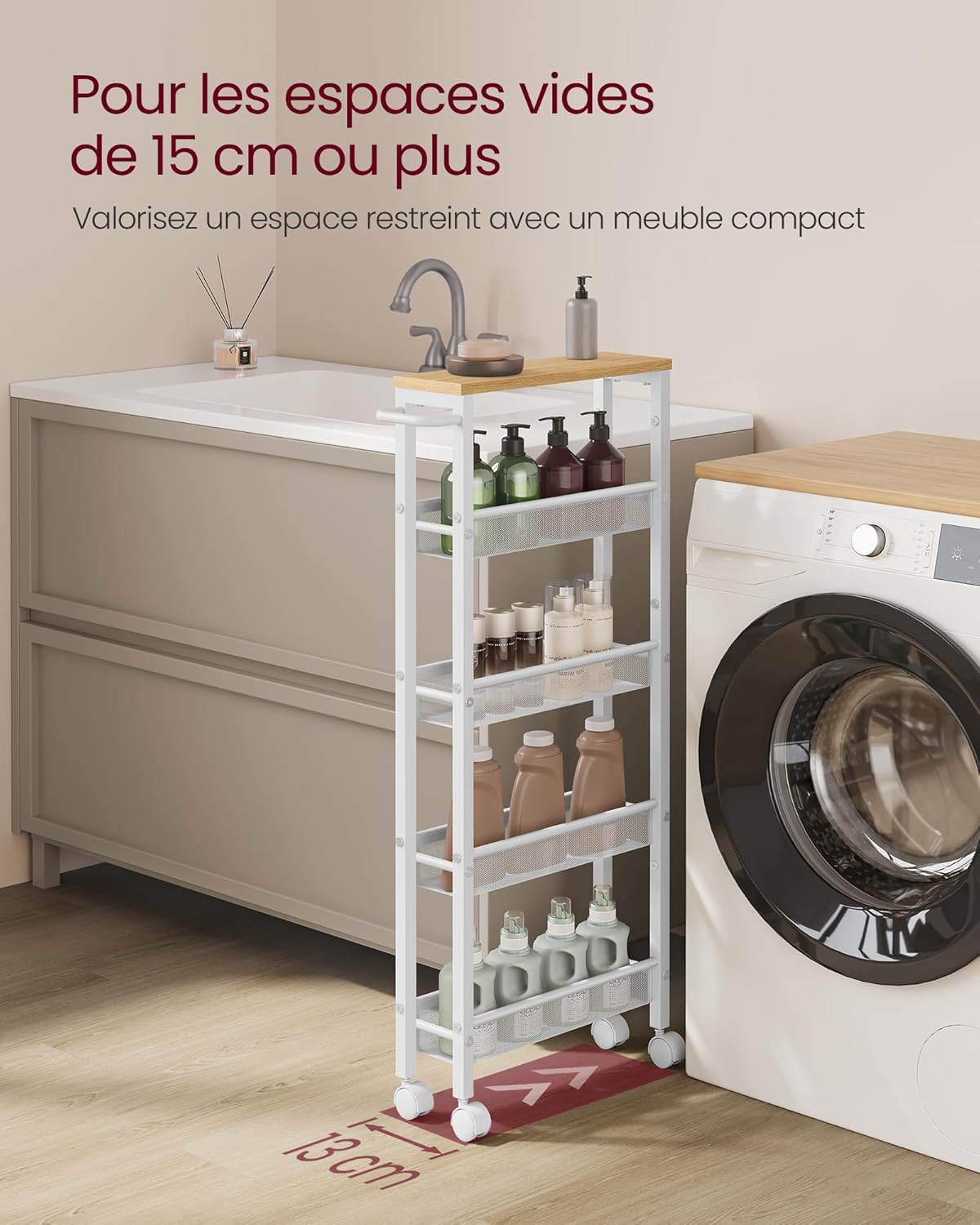 VASAGLE - desserte cuisine 5 niveaux, 13x45,4x99,6 cm, roulettes, LRC034W09