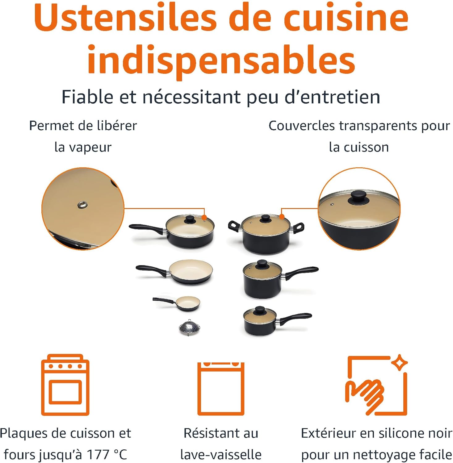 Amazon Basics - Set 11 pièces antiadhésif céramique - noir/crème - casseroles et poêles