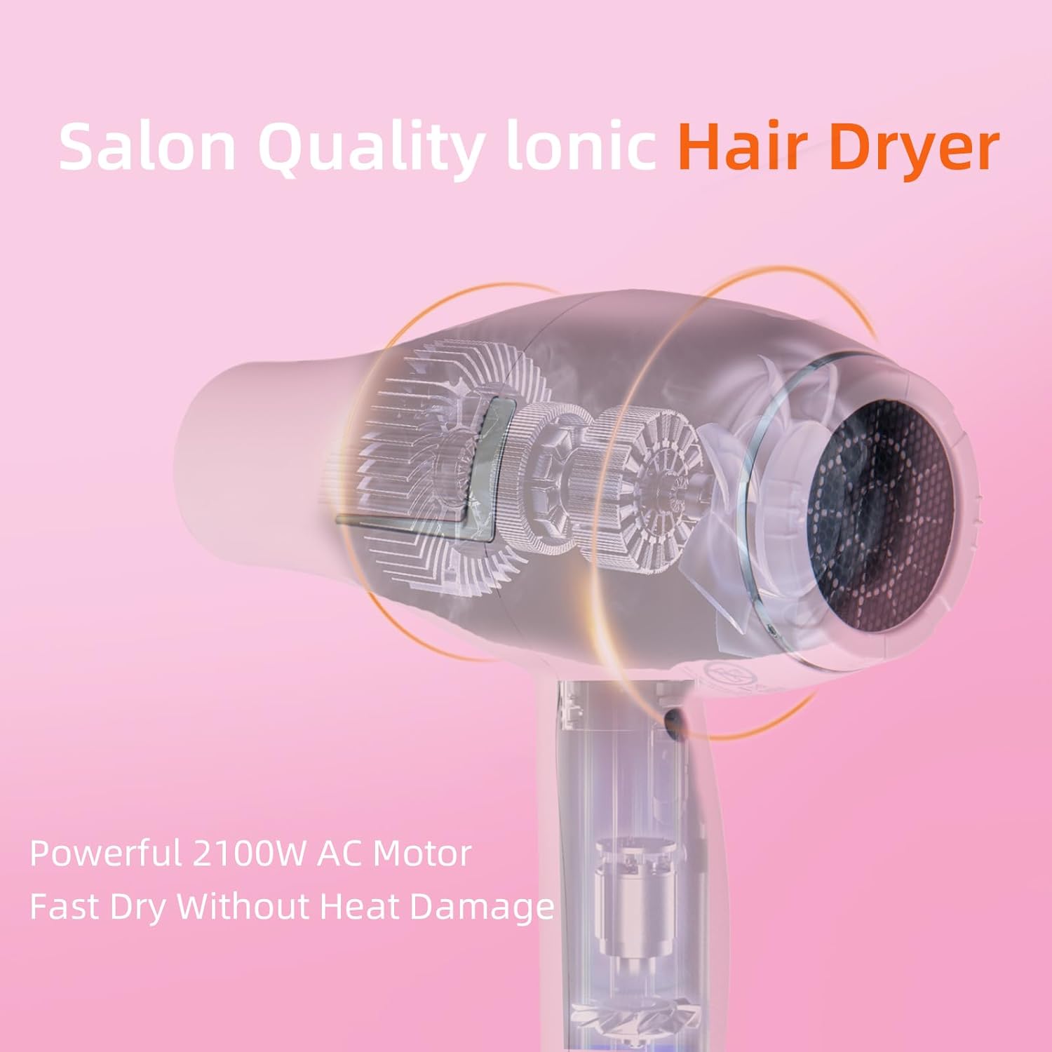 Sèche-cheveux ionique - Salon séchage rapide 2100W - 2 concentrateurs, 4 peignes, 1 diffuseur, bouton froid