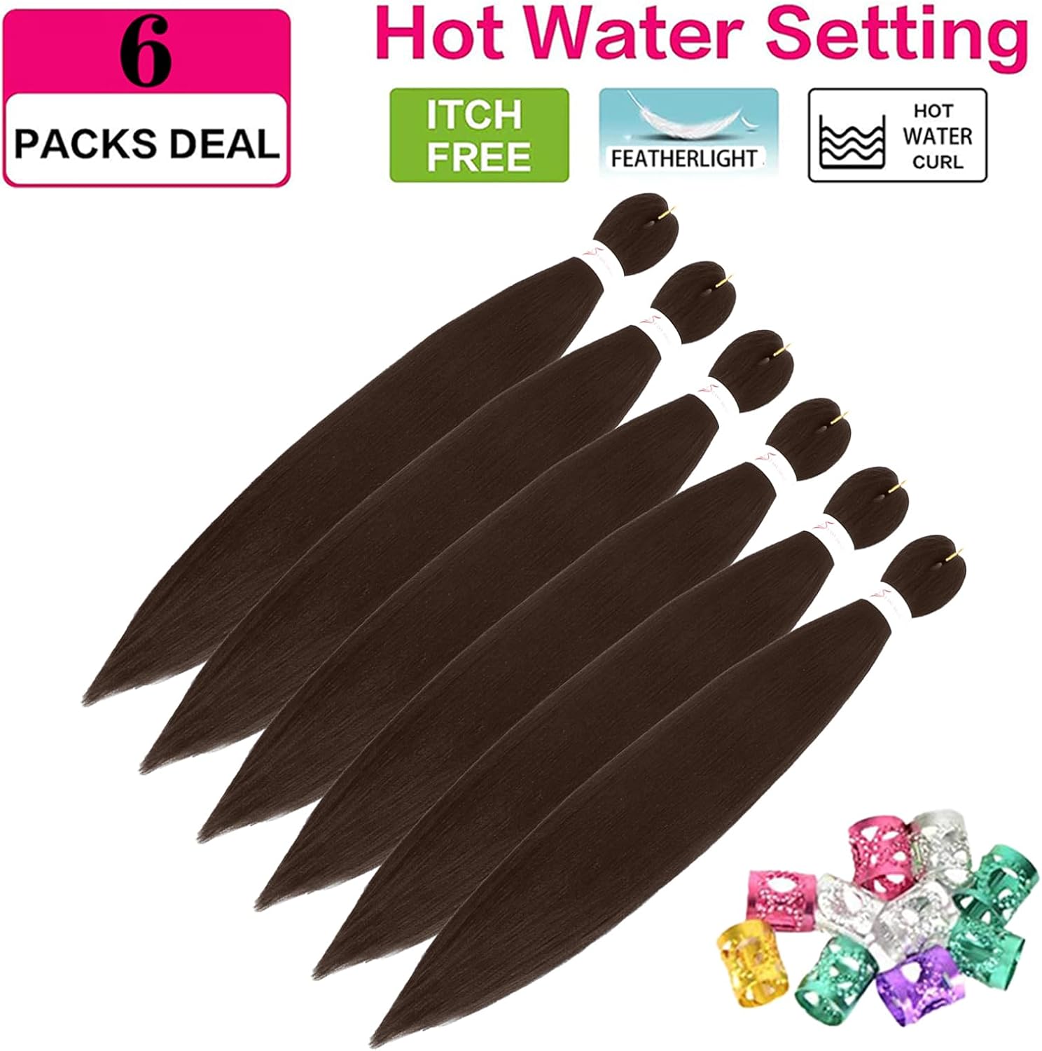 Extensions cheveux tressés - 30 pouces - pré-étirées, 6 paquets, Kanekalon, couleur brun chocolat
