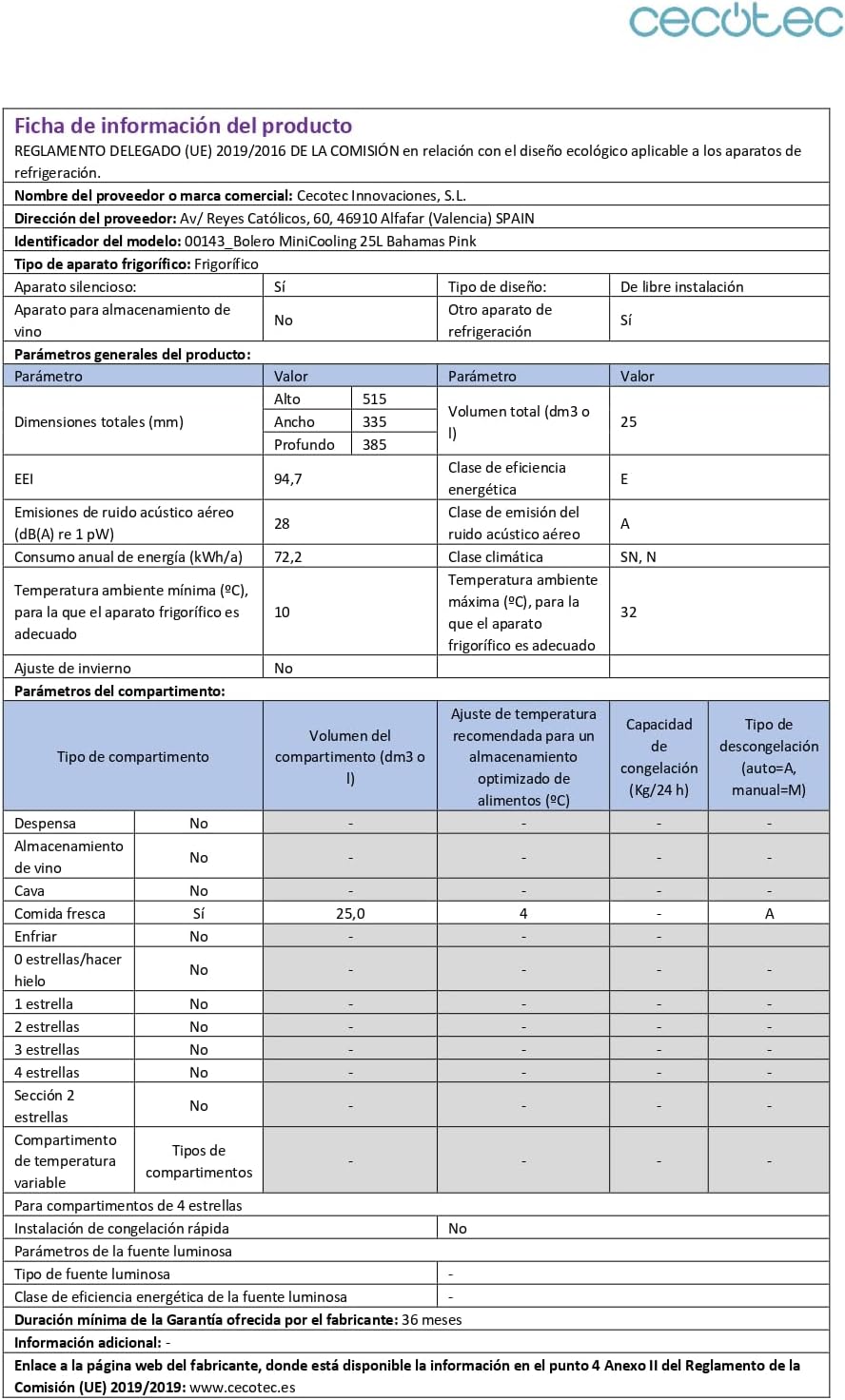 Cecotec - Mini frigo Bolero 25L - 20L, 12-220V, chaud/froid, 7-65°C