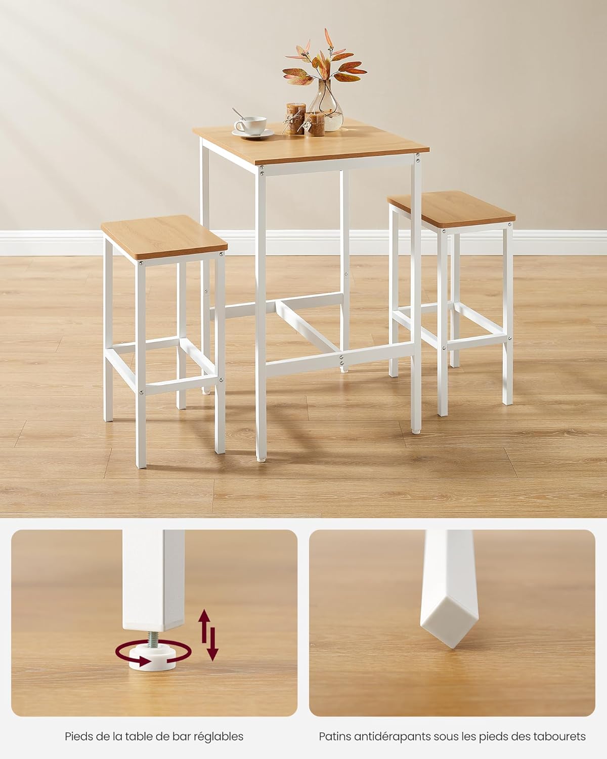 VASAGLE - Table bar & 2 tabourets, chêne doré/blanc, compact, LBT017W09